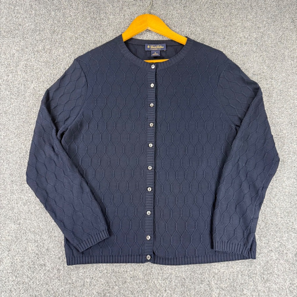 Brooks Brothers Cardigan Sweater Womens XL Blue Silk Cotton Diamond Knit Button
